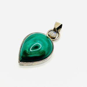 Vintage 90s Sterling Silver Malachite Moonstone Teardrop Pendant